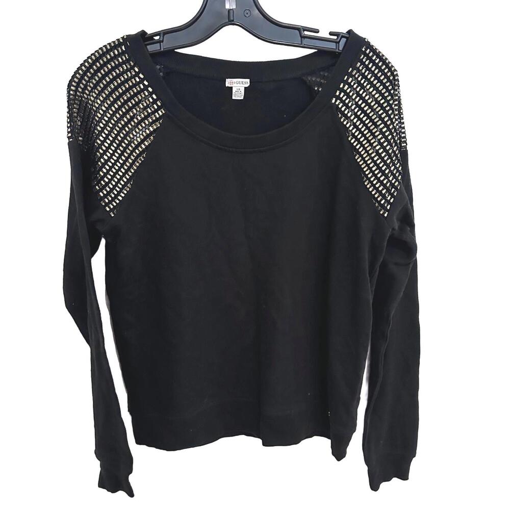 GUESS Black Long Sleeve Sweater with Gold Metallic Sheer Shoulder Detail - L